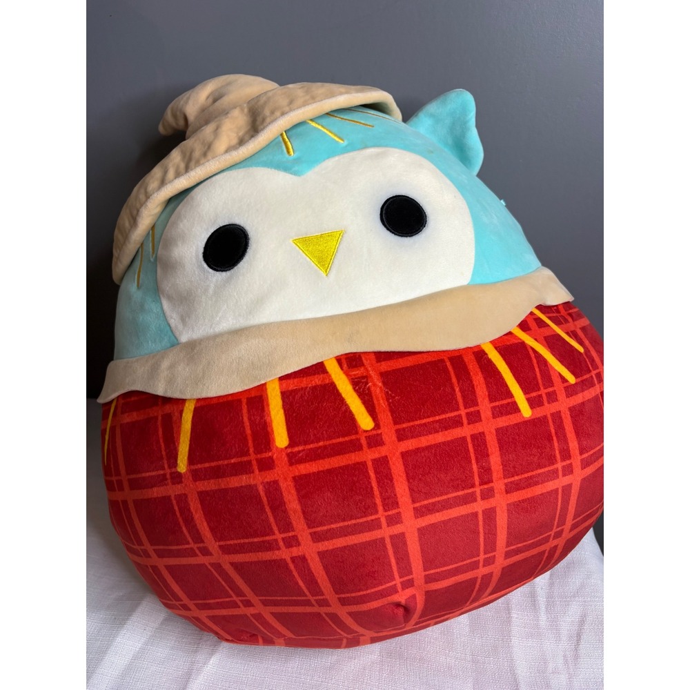 Squishmallows Winston the Owl Scarecrow 16 Inch Teal Blue Red Plaid Plush Toy